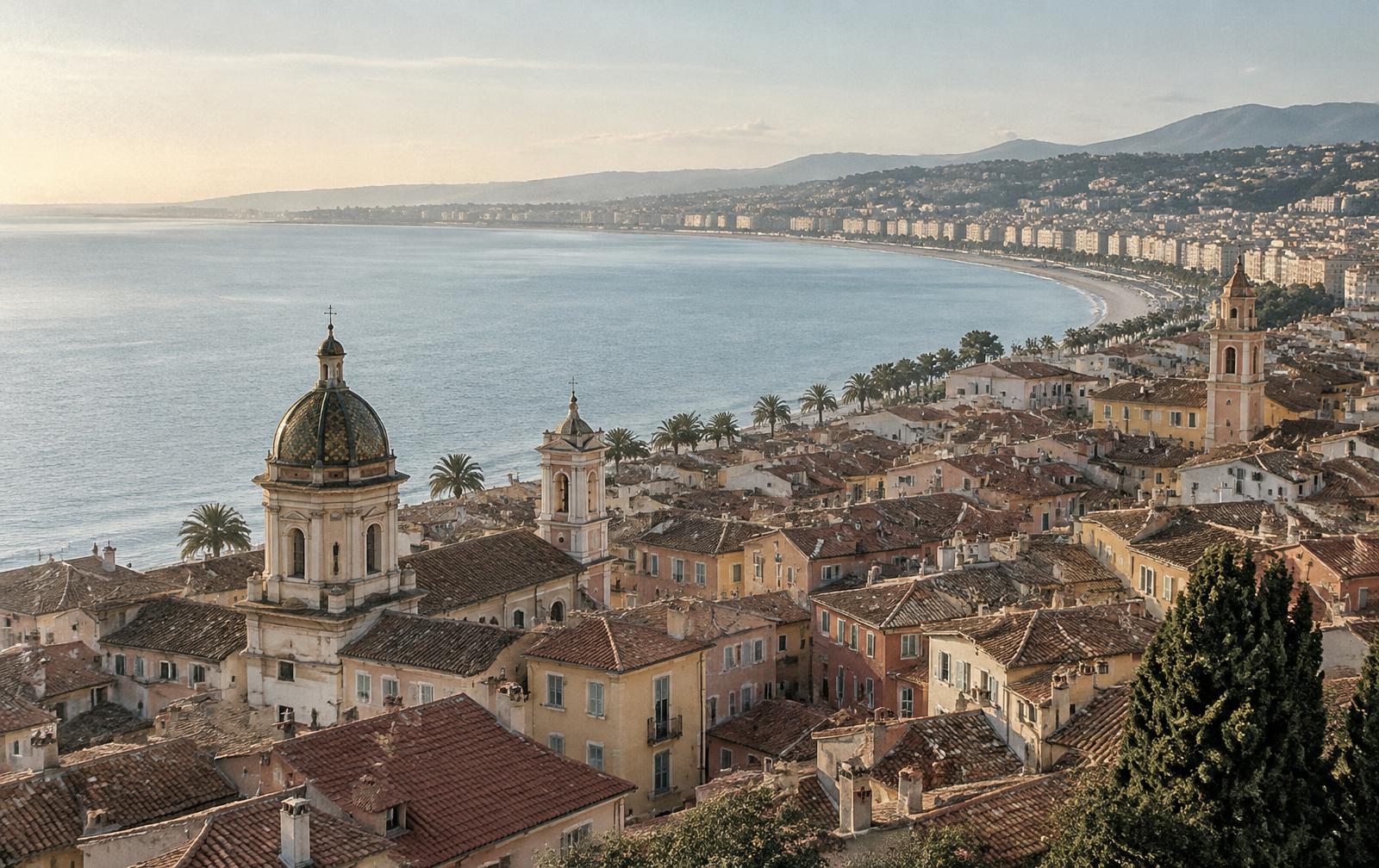 Terracotta rooftops of Nice's old town above the curve of the Baie des Anges